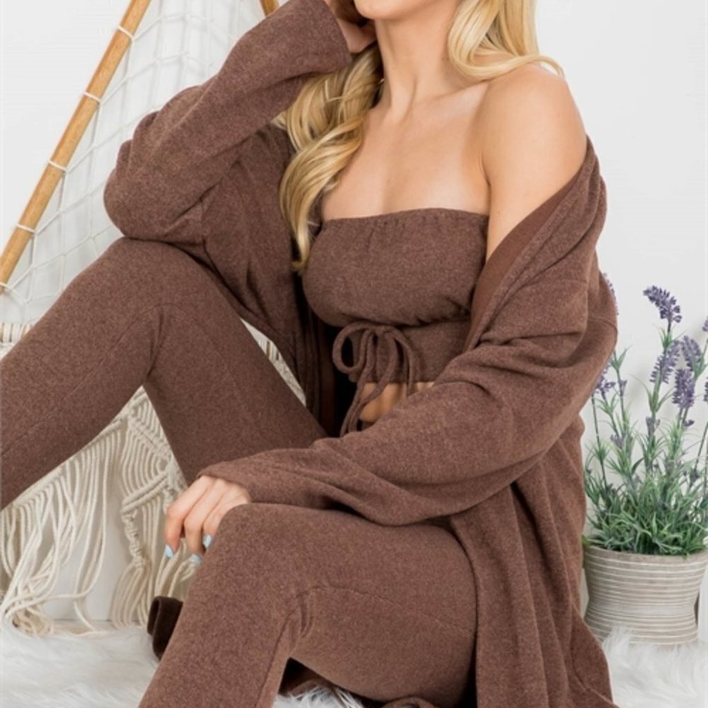 3 piece set Crop Top, Cardigan and Pant Brown